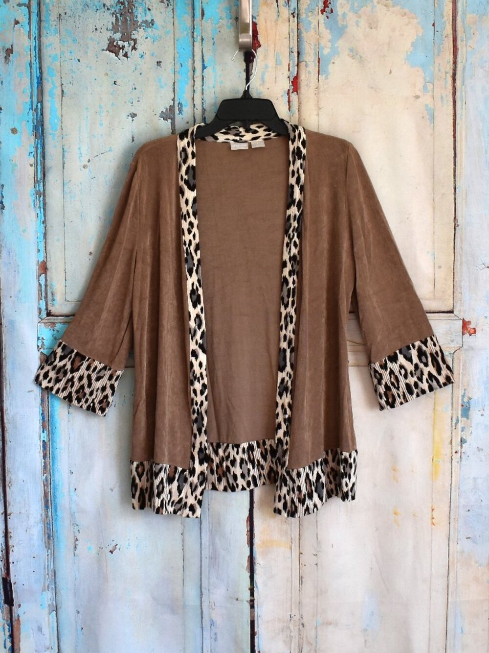 Women's Chicos Travelers Cardigan Animal Print Trim Slinky Stretch SIZE 1 Taupe